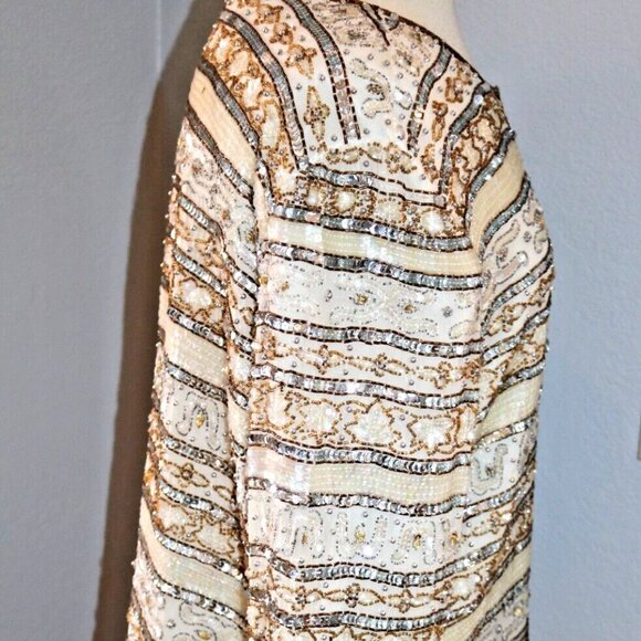 80s Evening Jacket Beads Sequins 100% Silk Ivory Gold Women's - Picture 5 of 16
